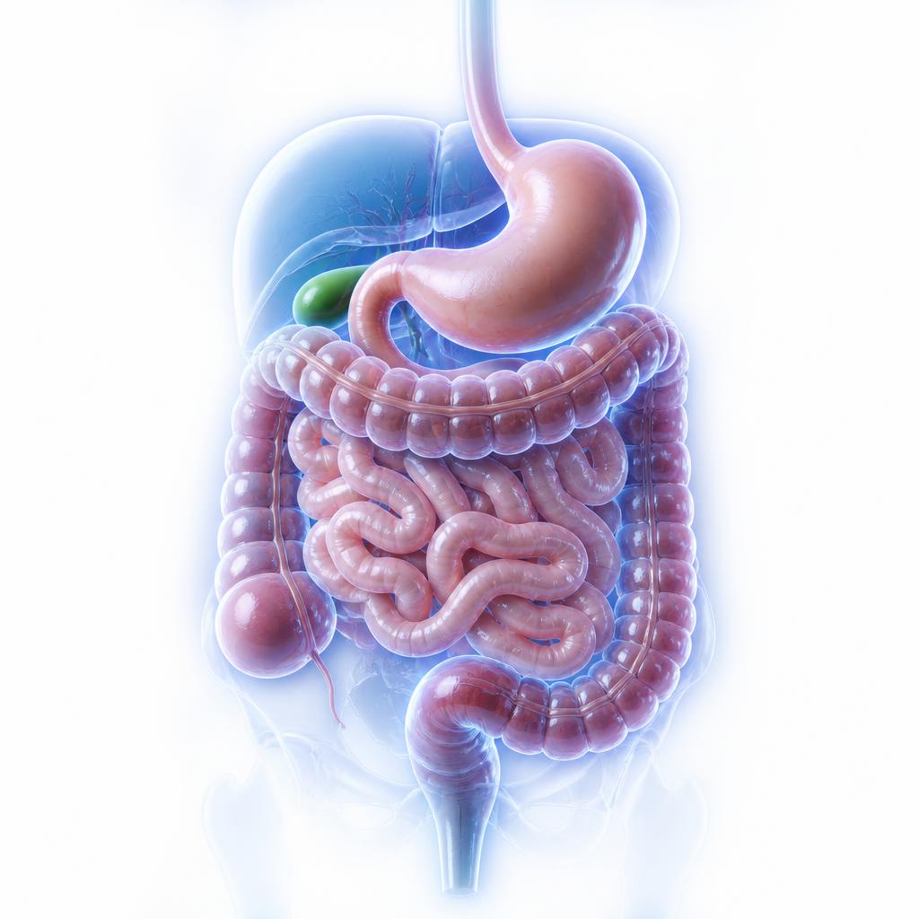 Medical illustration of the human digestive system — stomach, small intestine and colon
